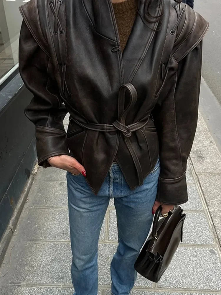 Vintage V-neck Belt Faux Leather Jackets Women Chic Full Sleeve Lace Up High Waist Lapel Overcoat Autumn Female Street Outerwear.