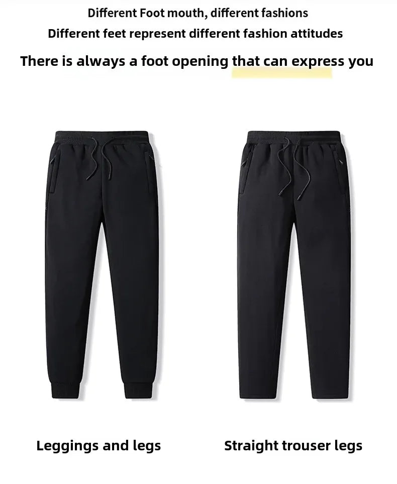 Herbst/Winter Fleece-gefütterte Herren-Hose mit Reißverschluss, warmes Fuß, Freizeithose, Übergröße, lockere Passform, gerade Bein-Jogginghose, trendig.