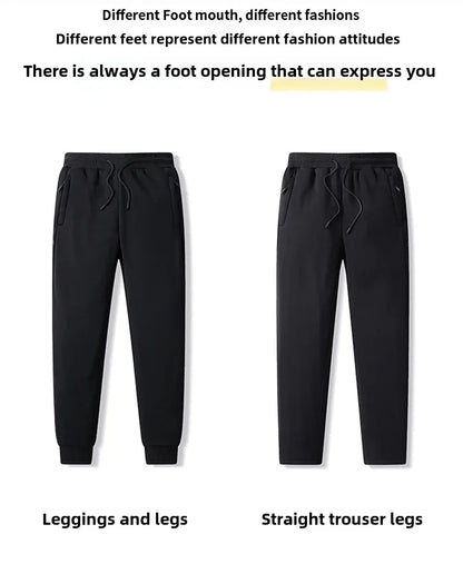 Herbst/Winter Fleece-gefütterte Herren-Hose mit Reißverschluss, warmes Fuß, Freizeithose, Übergröße, lockere Passform, gerade Bein-Jogginghose, trendig.