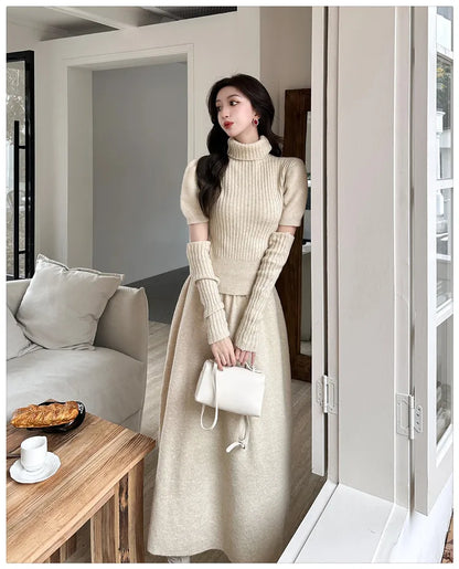 VigoAnne Spring Autumn 2025 Turtleneck Knit Woman 2 Piece Set Casual Solid High Waist Skirts Suits Korean Lady Long Dress Suit.