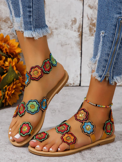 Yellow Embroidered Faux Flower Fashion Sandals Flat Plus Size 43 Summer Outdoor Beach Shoes Travel Mom Shoes.
