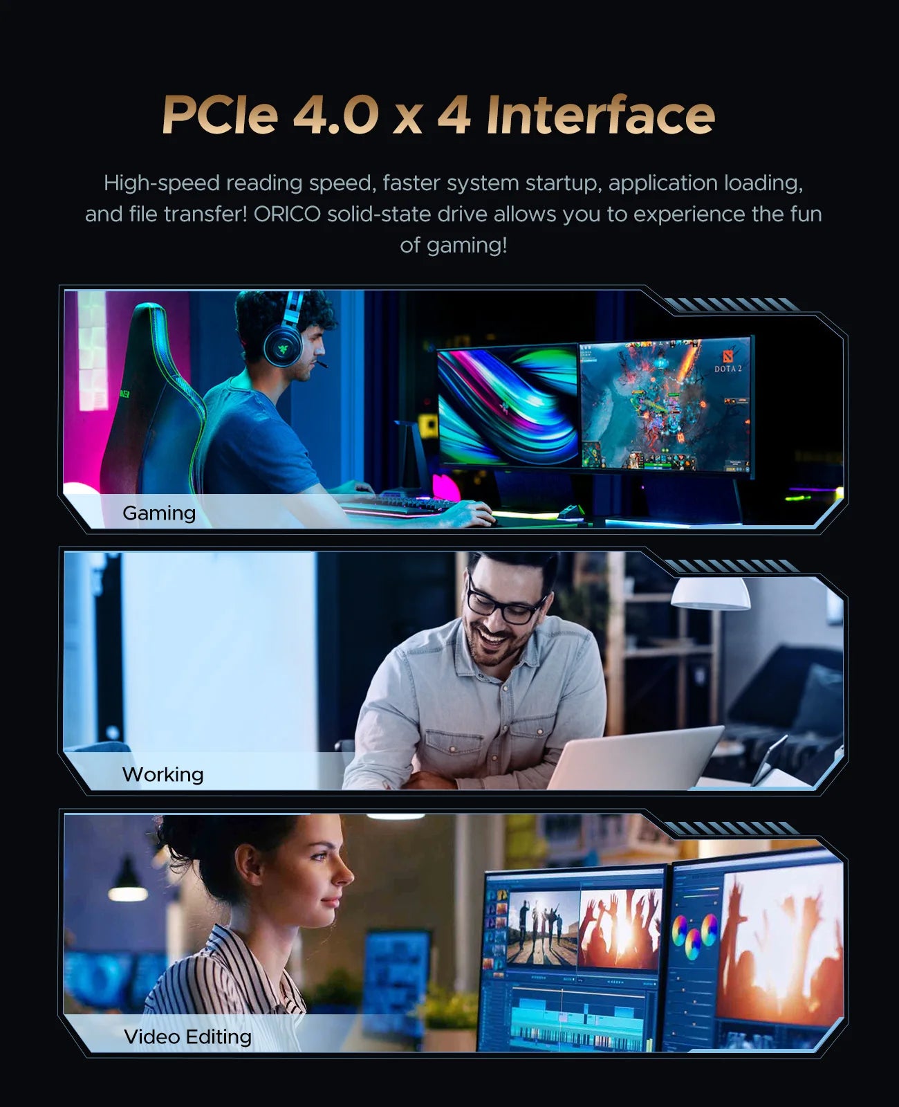 ORICO Gaming PCIe4.0 M.2 NVMe SSD PS5 7400MB/S Internal Solid State Drive Gen4 for High End Computing Gamer Heavy Duty Works.