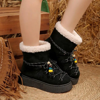 Chunky Platform Non Slip Furry Snow Boots Women 2025 Winter Soft Thick Bottom Warm Plush Ankle Boots Colorful Bead Lace Up Shoes