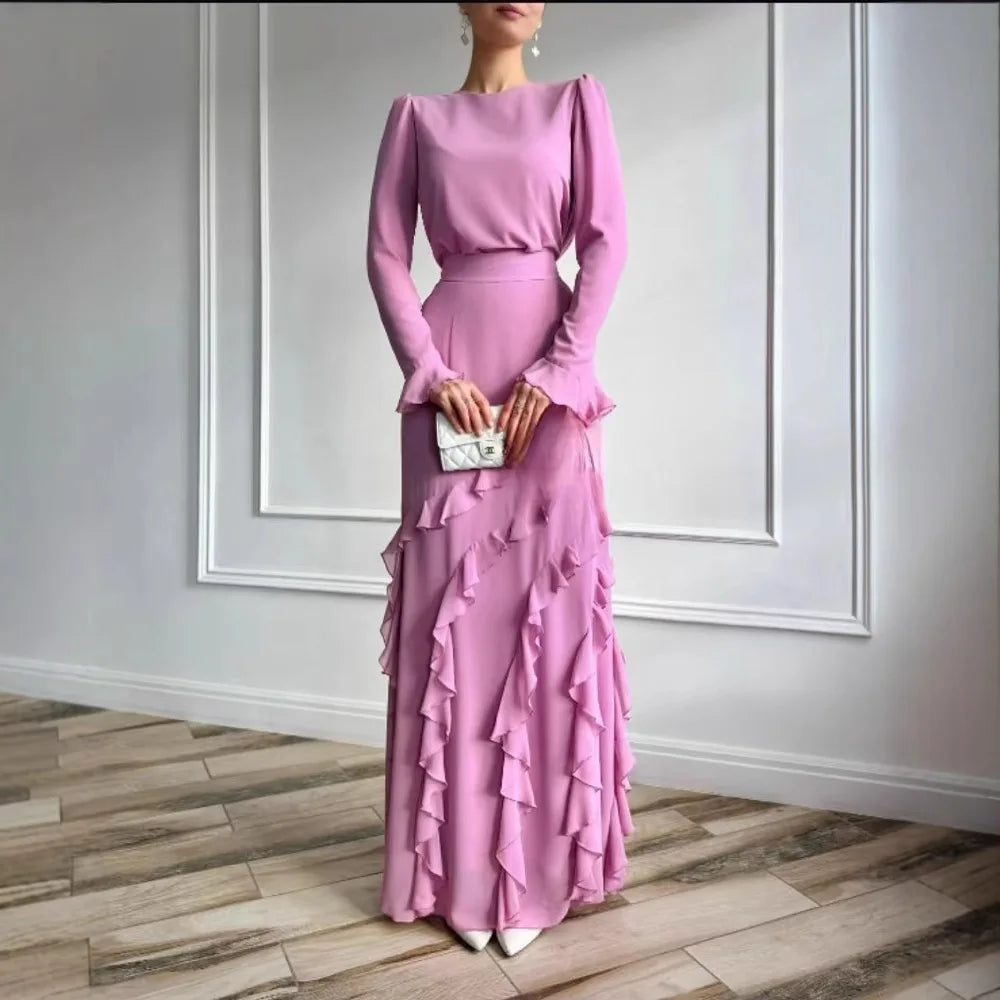 Muslim 2 Piece Set Women Party Skirt Top Suit Ruffles Ramadan Morocco Dubai Islam Ensemble Femme 2025 Arabic Long Skirts Outfits.
