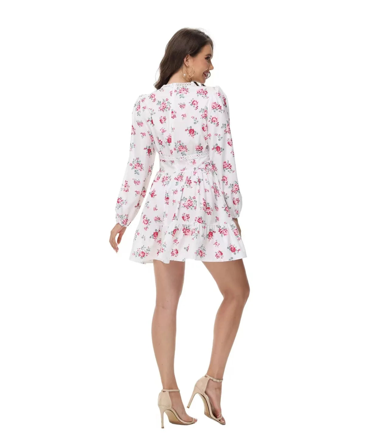 Frühling Herbst frauen Neue Kleid Temperament Süße Druck V-ausschnitt Laterne Hülse Spitze Hohe Taille Kurzes Kleid