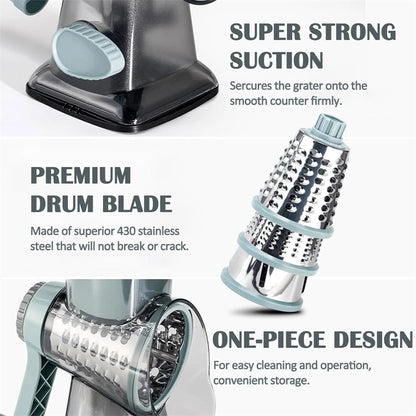 LMETJMA 3 in 1 Rotary Cheese Grater Versatile Manual Vegetable Slicer Peanut Nuts Grinder Cheese Vegetable Shredder Clear JT242.