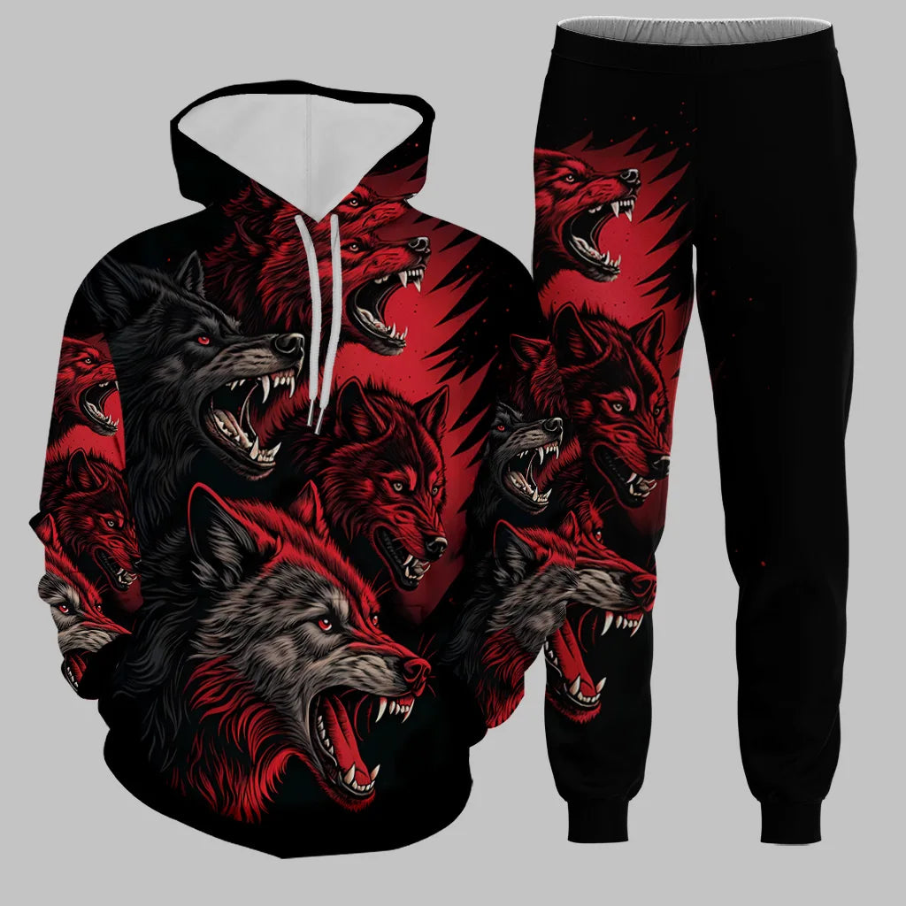 Men's Hoodie Set Funny 3D Wolf Print Hoodies Pants Sports Suit Autumn Winter Casual Sweatshirts 2 Piece Outfit Fashion Tracksuit.
