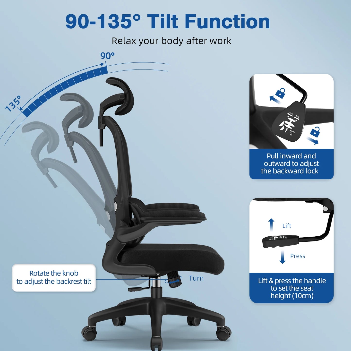 Daccormax Bürostuhl ergonomisch, Schreibtischstuhl, 150 kg Fassungsvermögen, verstellbare Kopfstütze und Armlehnen, Computerstuhl mit Lordosenstütze