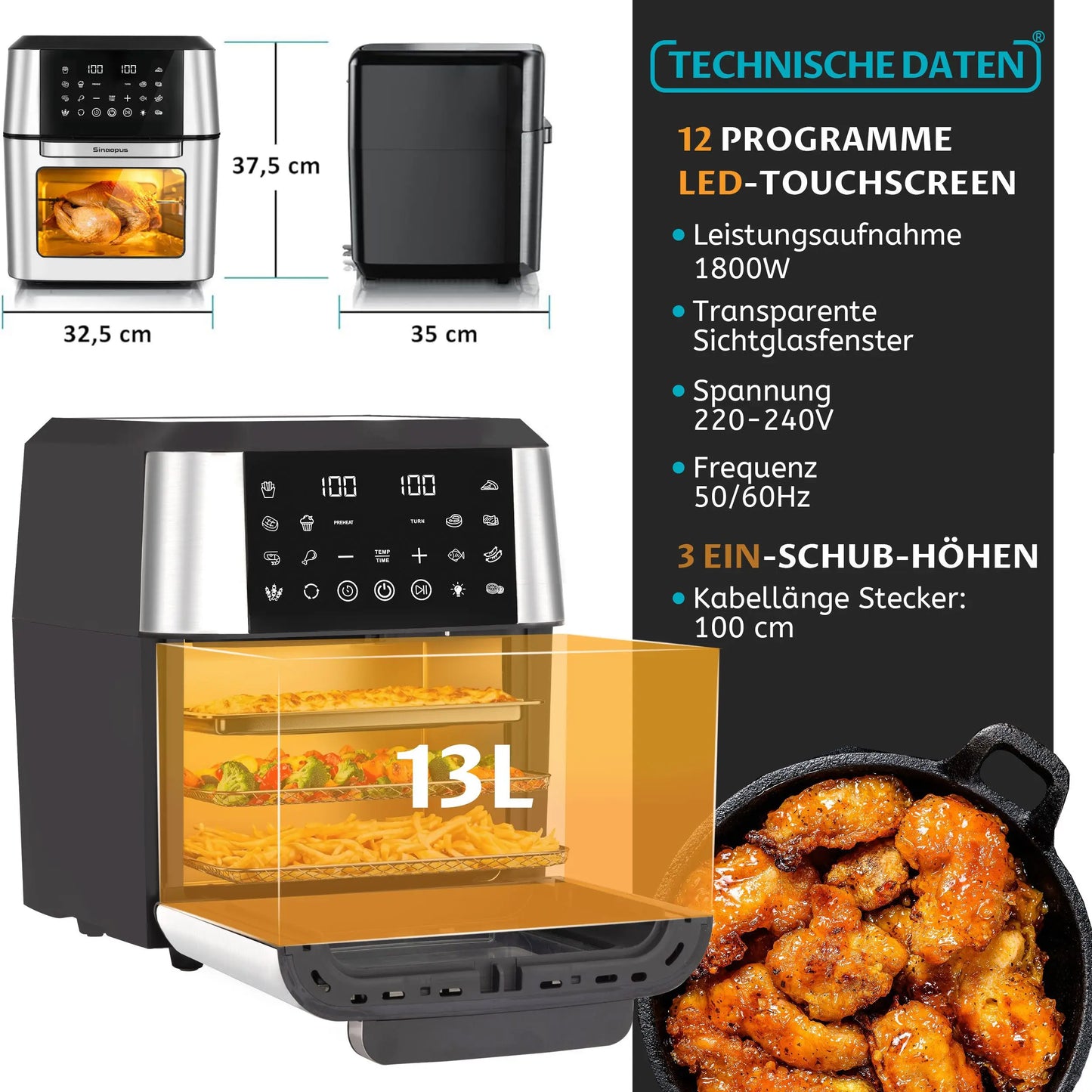 12L Air Fryer Mini Oven,Multi Function Smart machine Air fryers with Glass Viewing Window,Oilless Cooker with LED Touch Control.