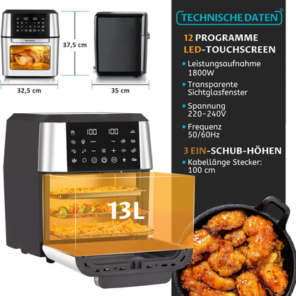 12L Air Fryer Mini Oven,Multi Function Smart machine Air fryers with Glass Viewing Window,Oilless Cooker with LED Touch Control.