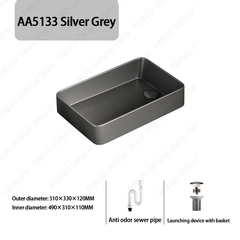 Rechteckiges silbergraues Porzellan-Keramikgefäßwaschbecken über der Theke, Toilette, Badezimmer-Schminktisch, Waschbecken, glasiertes weißes Waschbecken