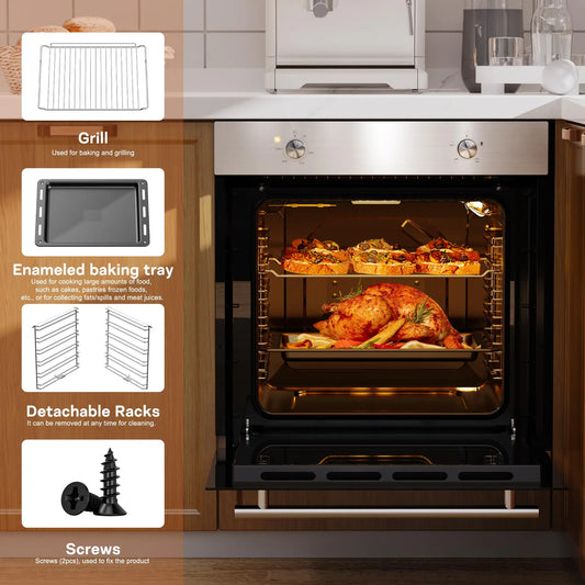 Karinear Electric Oven 65L Oven Built in Oven with accessories, Knob Control wtih 4 Functions 2200W Plug and Play 220V 60cm Wide.