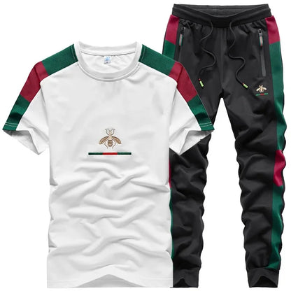 Casual Embroidered Short Sleeve Long Pants Set round Neck Two Piece Set Men's Fashionable Korean Style Spring Autumn Wear