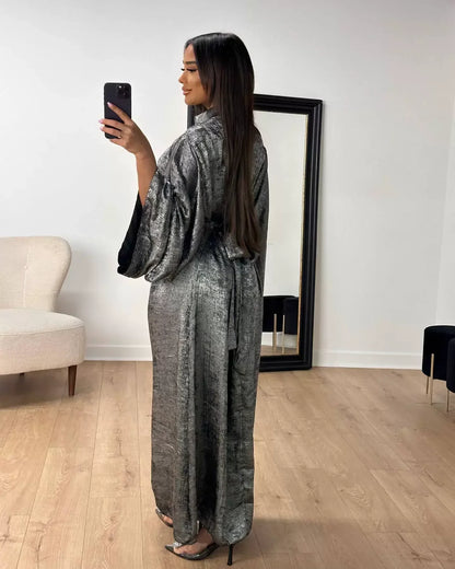 Belted Dress Pagoda Sleeve Satin Abaya Dubai Islam Muslim Kaftan Dresses Kebaya Abayas For Women Robe Musulmane Femme Vestidos.