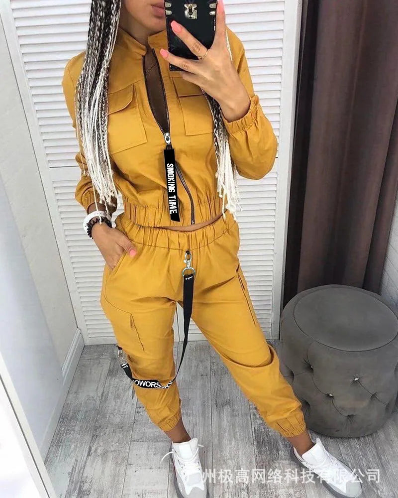 New Women Fashion Casual Autumn Winter 2pcs Clothes Set Pockets Zipper Long Sleeve Top Elastic Waist Pants Cargo Solid Color.