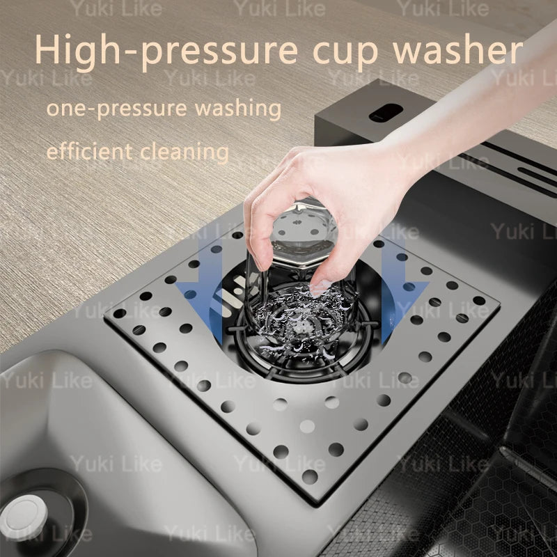 Stainless Steel Kitchen Sink With Waterfall Cup Washer Knife Rack Embossed Extra Large Single Slot Apartment Left Side Drainage