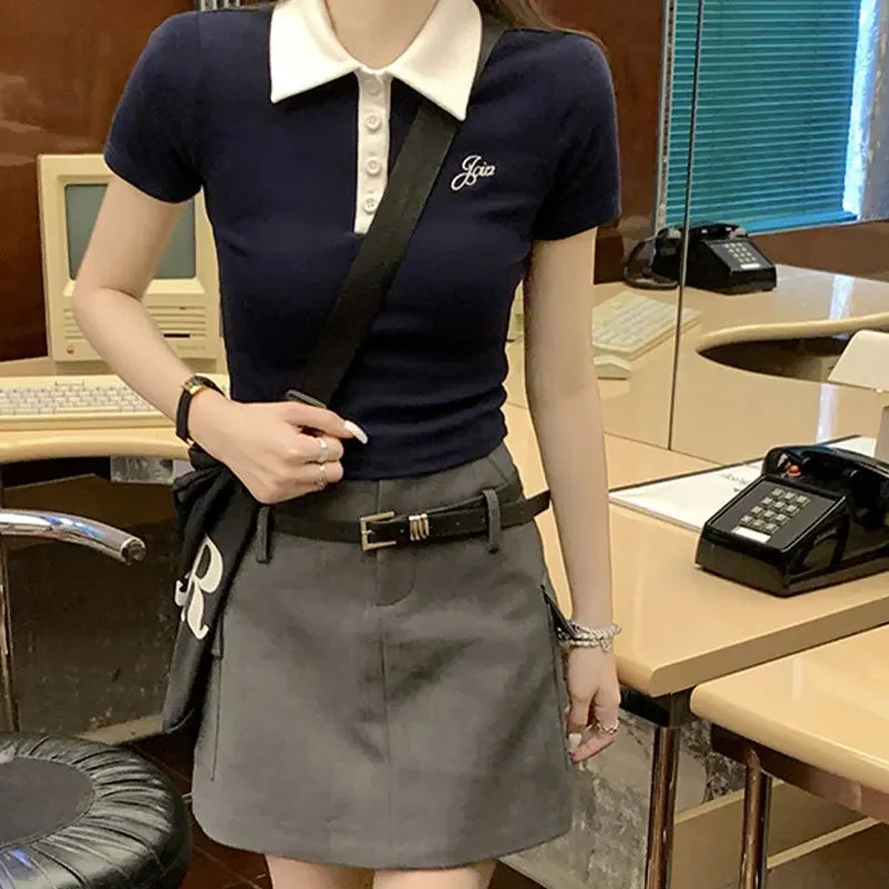 Slim Fit Short Sleeve Polo Neck T-Shirt Women's Sweet And Spicy Design Sensation Small Audience AE Stockpile Brand.