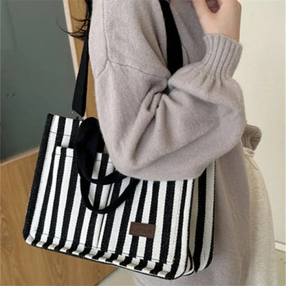 Cool Street Handbag, Large Capacity Women's Shoulder Bag, Trendy Striped Canvas Crossbody Bag, Fashion Travel Shopping Tote Bag.