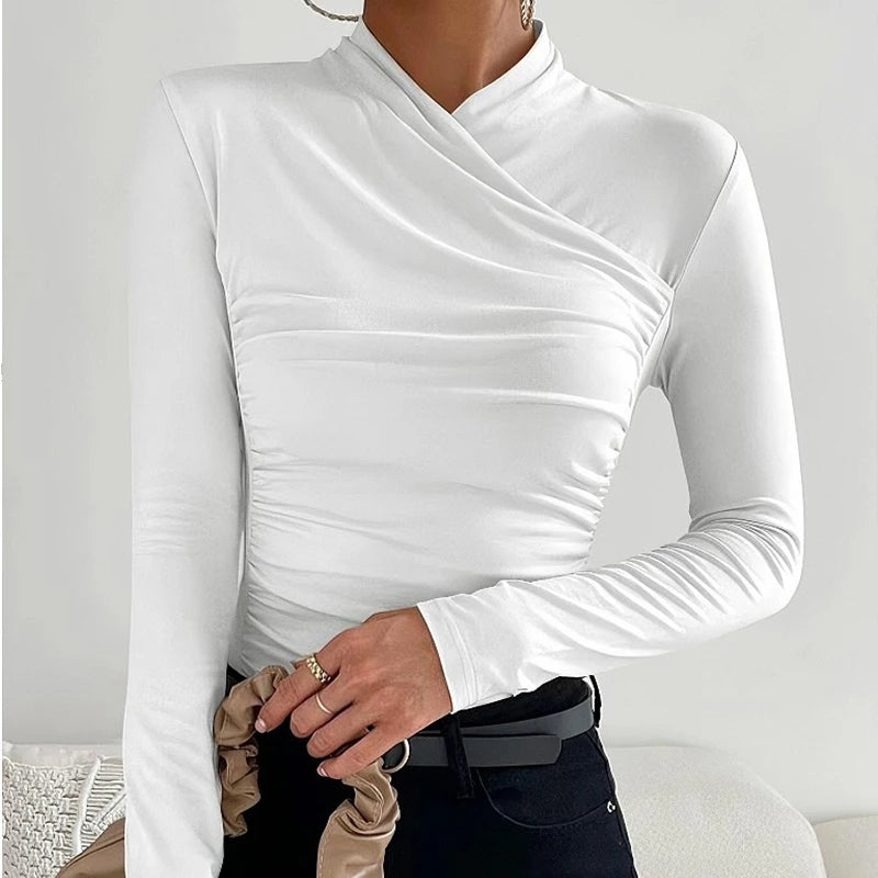 Sexy Elegant Fall Winter Long Sleeve Cross Pleated Pullover Women's Modal Solid Color Irregular Tops Street Daily Versatile Tees.