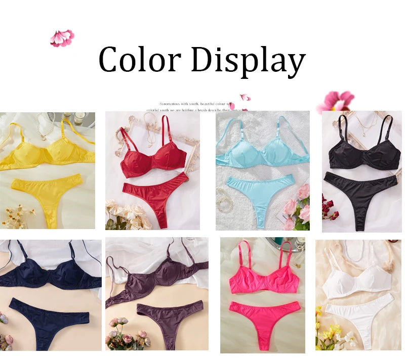Ladies Smooth Comfortable Thin Underwear Women Sexy Nightwear Inner Solid Color Sleep Underwear Bra Set.