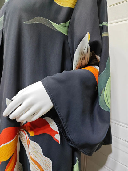 Uni Dubai Fashion Floral Print Open Abaya Muslim Elegant Cardigan With Hijab Scarf 2025 Feminine Clothes