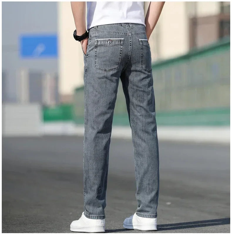 KUBRO 2024 Summer New Men's Loose Stretch Gray Jeans Fashion Casual Stretch Straight-leg Denim Pants Male Light Blue Brand.
