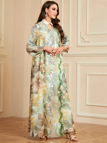 Siskakia Ramadan Dubai Floral Print Long Dress Sequins Patchwork Abayas Mesh Kebaya For Muslim Women's Casual Loose Clothing.
