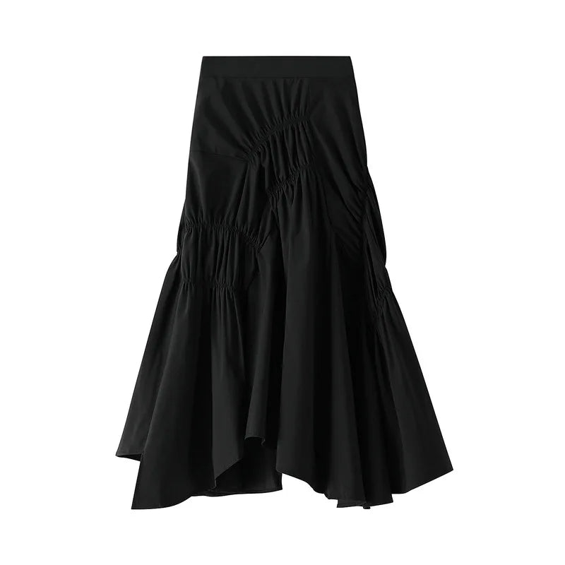 Elegant Pleated Long Skirt For Slim Women Casual High Waist Solid Color Asymmetrical Black Flared Skirts 2024 Spring Saias SK505.
