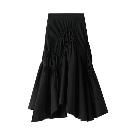 Elegant Pleated Long Skirt For Slim Women Casual High Waist Solid Color Asymmetrical Black Flared Skirts 2024 Spring Saias SK505.