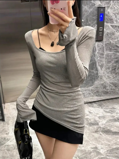 Mesh Sheer Irregular T Shirt For Women New Long Sleeve See-Through Korean Pullover Tops Sexy Autumn Girls Top Tee Shirt Casual.