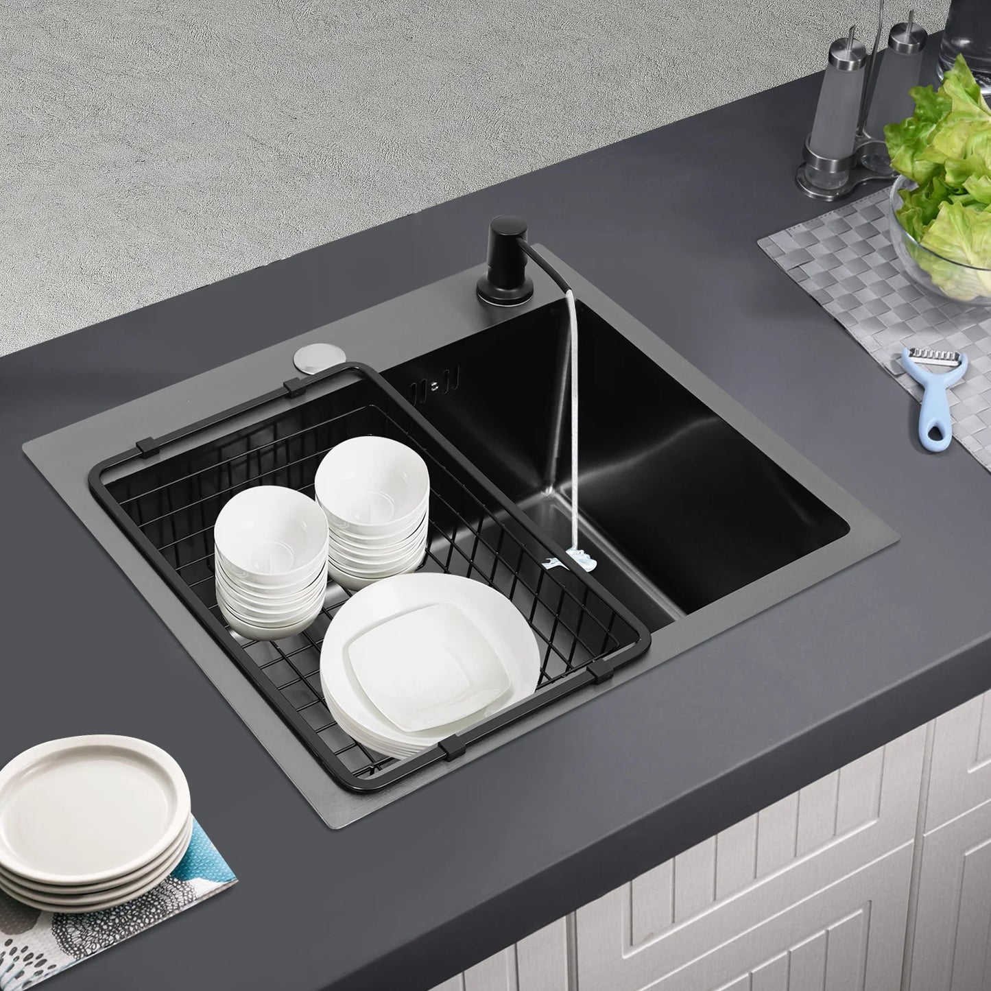 Hochwertiges Küchenspülbecken-Komplettset, 45 x 40 x 20 cm, langlebiges, großes Fassungsvermögen-Reinigungsspüle aus Edelstahl 201, schwarze Spüle mit einer einzigen Schüssel