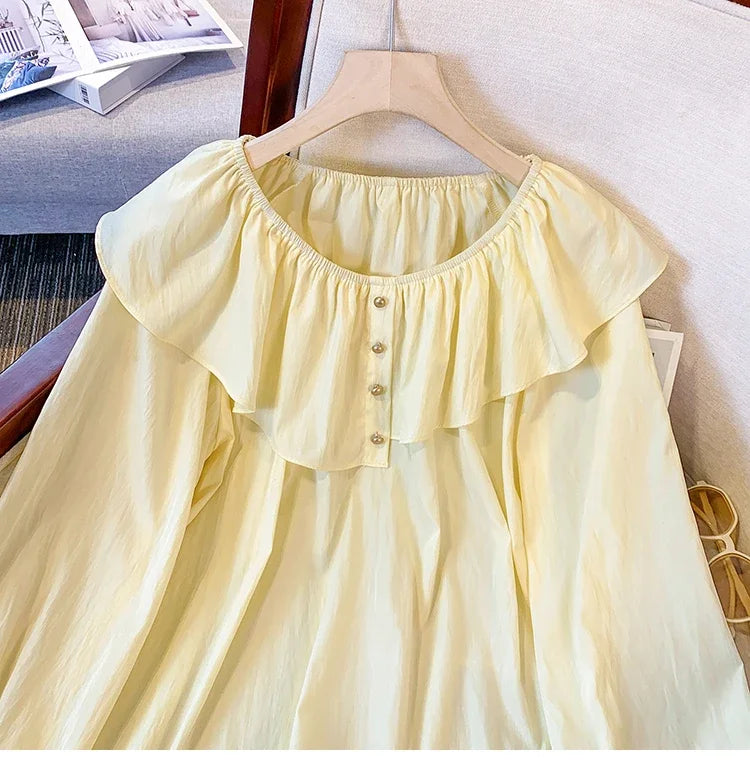 2025 French Large Size Long Sleeve O-neck Solid Color Loose Ruffle Shirt Ladies Spring Autumn Plus Size Blouses for Women.