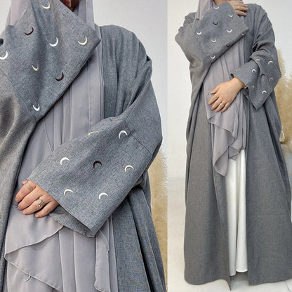 2025 Ramadan Khimar Abaya Saudi-Arabien Türkei Islam Stickerei Mond Muslimischen Strickjacke Kleid Gebet Kleidung Kleider Für Frauen.
