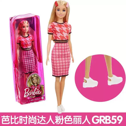 Genuine Barbie Deluxe Style Dolls Pink Dress Outfit Blond Hair Knot Bow Accessories Mesh Tights Toys For Girls Sweet Gift