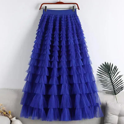 Chamliforve Women Tulle Mesh Skirt Elegant Elastic Waist Fairy Long A-line Tutu Skirt for Spring Summer Long Cake Skirt.