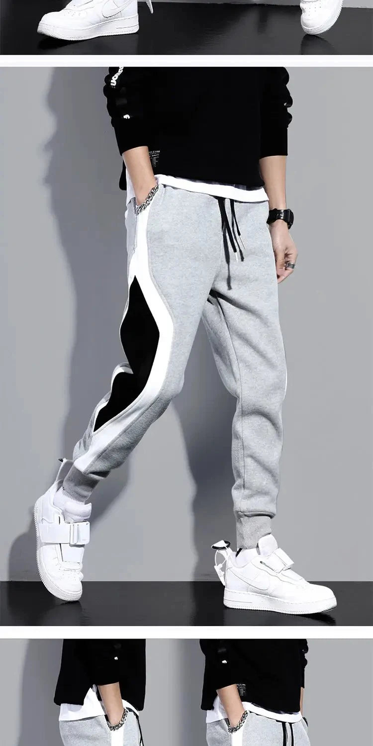 Autumn Men's Wide Loose Casual Pants Mens Patchwork Nine-point Sports  Elastic Rope Breathable Tie-foot Trousers.