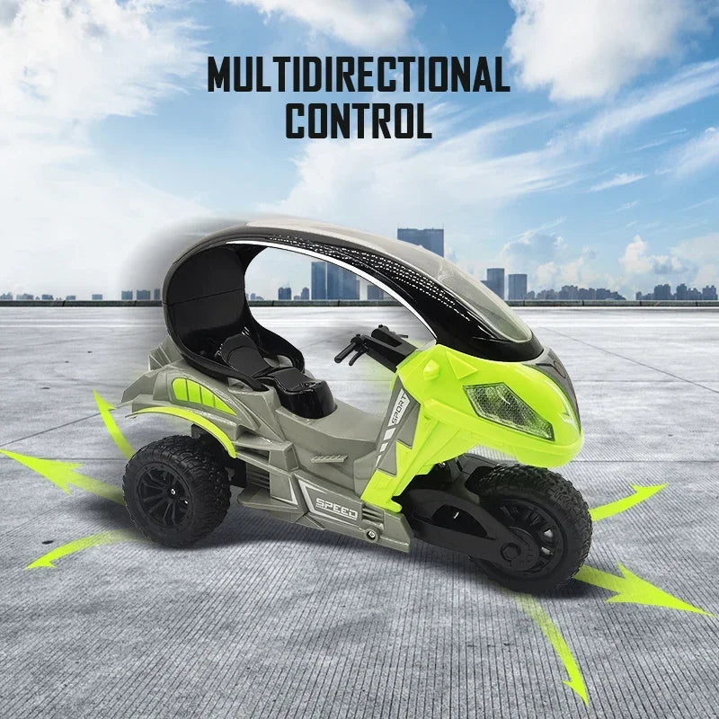 Electric RC Motorcycle Car Spray RC Stunt Toys Remote Control Drift Stunt Three Wheel Motorcycle with LED Lights for Kids Gifts.