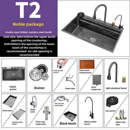 Wasserfall-Küchenspüle aus Edelstahl, extra groß, mit einem Schlitz, multifunktionale Geschirrspülbecken, Unterbaubecken, Tassenwascher