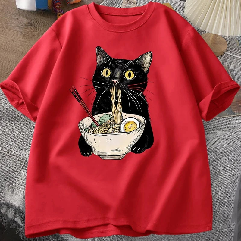 Nudel Ramen Katze T-Shirt Foodie Liebhaber T-Shirts Schwarze Katze Nudel T-Shirts Retro Casual Kurzarm T-Shirt für Männer Frauen Kleidung