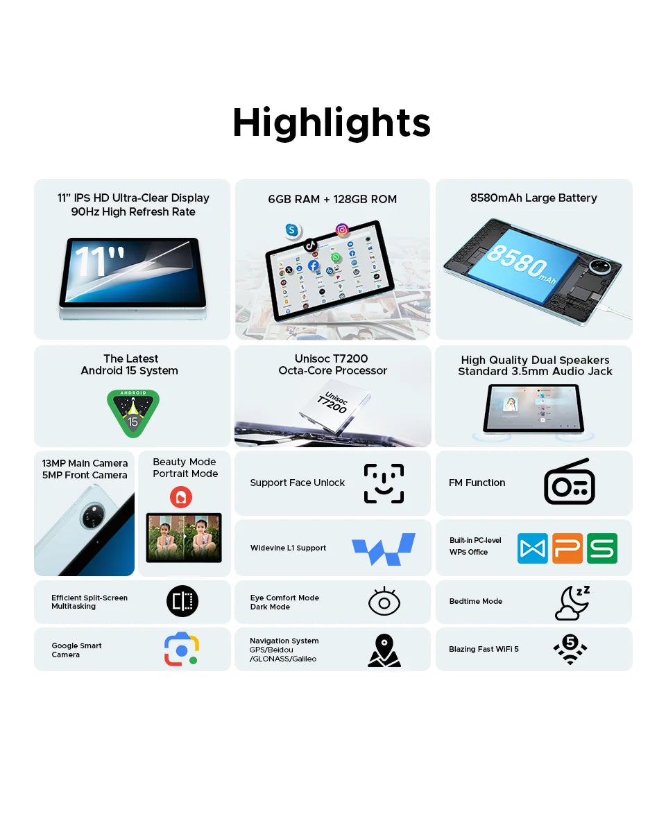 DOOGEE Tab A9 Pro+ Tablet PC Android 15 Dual Speakers 11'' Screen 30GB RAM (6GB+24G) 128GB 8580mAh Battery Widevine L1 Smart Pad.