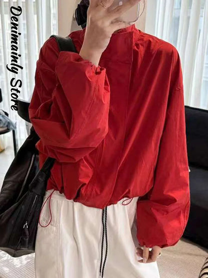 Straße Solide Zipper Dünne Jacke Frauen Stehen Kragen Volle Hülse Kordelzug Straße Jacken 2025, Herbst Dame Casual Outwears Neue.