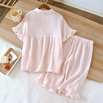 Spring and summer 2025 new women's pajama suit 100% cotton crepe short-sleeved capris embroidered round-neck household clothes.