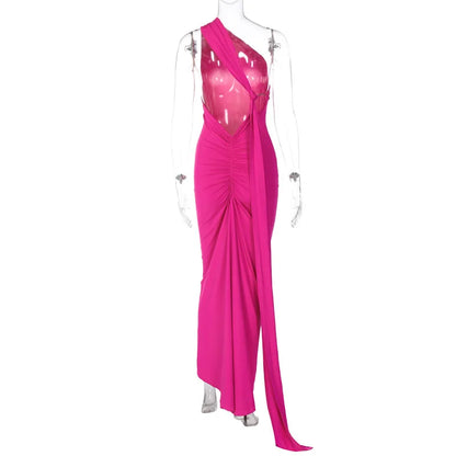 Mozision Schräge Schulter Backless Maxi Kleid Für Frauen Kleid Sommer Zurück Strap Ärmellose Geraffte Party Sexy Langes Kleid Vestidos