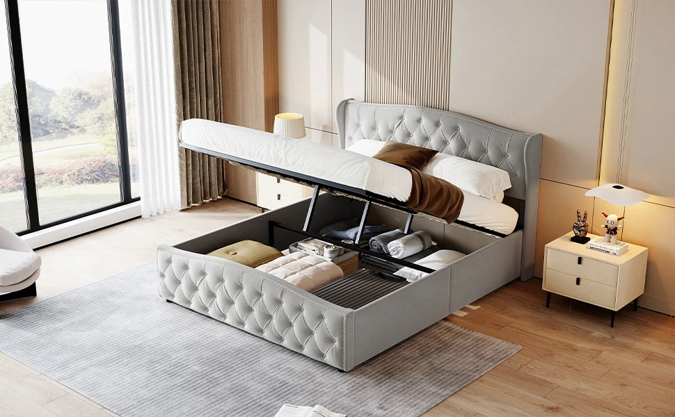 Lazyspace Hydraulisches Doppelbett 140x200cm/160x200cm, mit Stauraum, Lattenrost aus Holz, Baumwollleinen, ohne Matratze