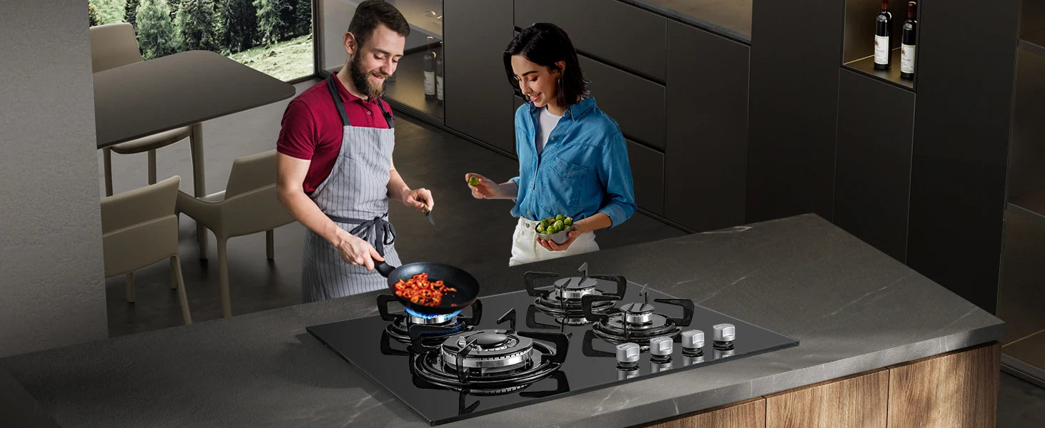 60cm Built-in Gas Hob 4 Burner | Auto Thermocouple & Safety Lock | 4-Zone Tempered Glass 8060W with Auto Ignition.