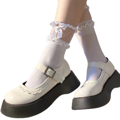 Women Lolita Transparent Mesh Crew Socks Sweet Ruffled Lace Trim Bowknot Cute Love Heart Pattern Anime Princess Hosiery