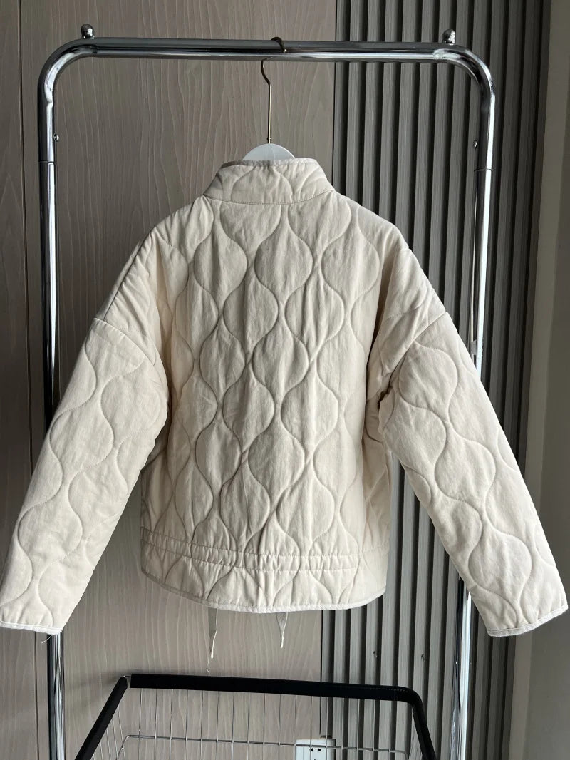 ZW Women's Cotton Jacket  2025 New Arrival Vintage Lenzing Rayon High Collar Large Pocket Decorative Quilted Coat for Women.