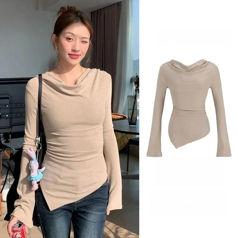 Irregular Waist Pleated Long Sleeve Base Shirt Spring T-Shirt Women's Spicy Girl One Shoulder Top Fashionable Casual Wear