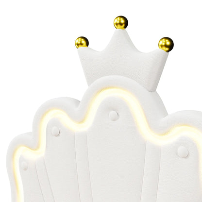 Polsterbett ohne Matratze, ferngesteuertes Umgebungslichtbett mit 2 Schubladen, kronenförmiges Prinzessinnenbett, verstellbarer Kopf, PU, Weiß