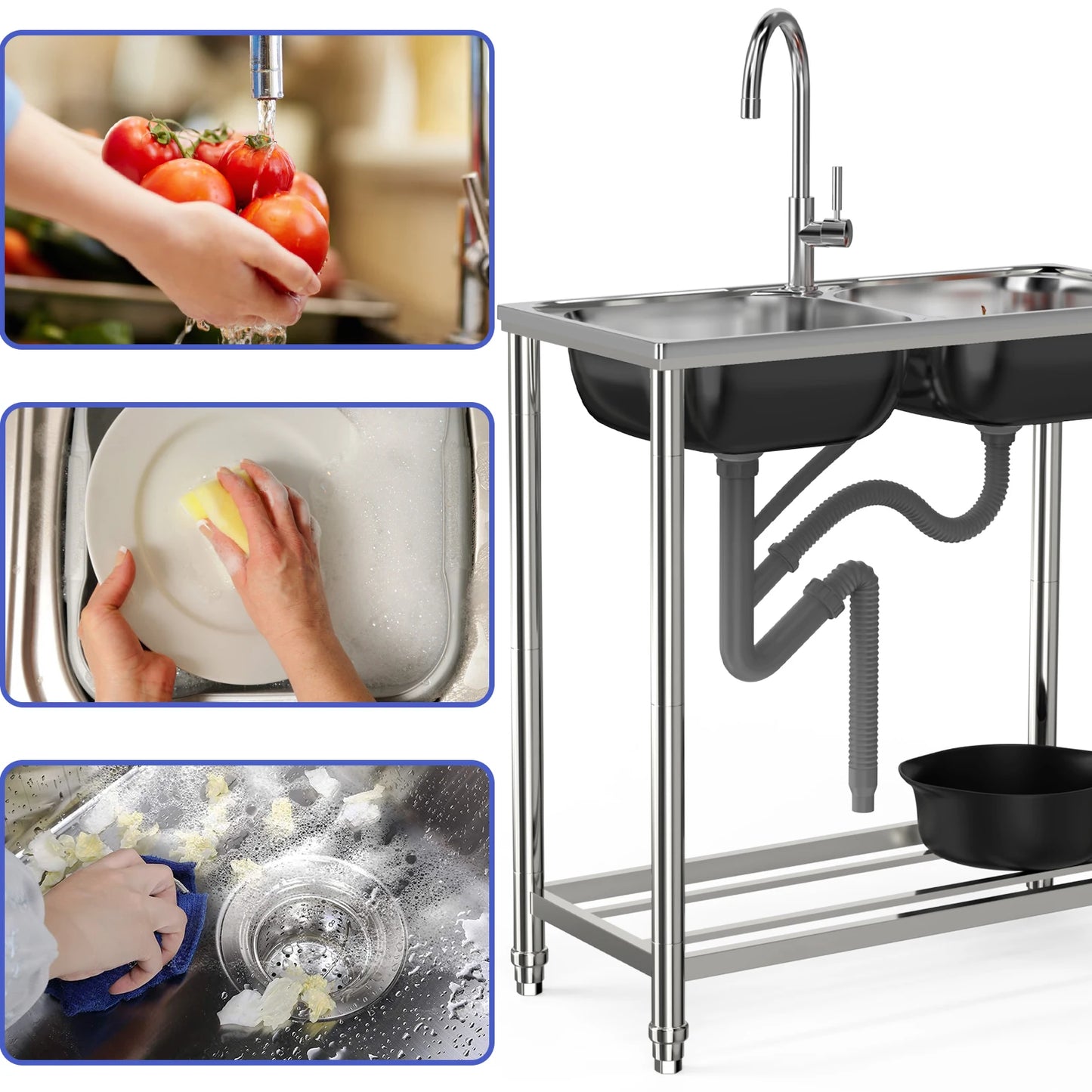 Doppelspüle aus Edelstahl mit Warm- und Kaltwasserhähnen und Ablaufset, perfekt für Garten und Camping